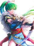  armor arrow_(projectile) bow_(weapon) breastplate closed_mouth earrings fire_emblem green_eyes green_hair highres holding holding_arrow holding_bow_(weapon) holding_weapon jewelry long_hair looking_at_viewer lyn_(fire_emblem) mintes official_alternate_costume quiver weapon 