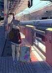  1girl absurdres bag black_jacket black_shorts eyewear_on_head fur_trim goggles goggles_on_head grey_hair hair_between_eyes highres honkai:_star_rail honkai_(series) jacket long_hair ponytail rev shorts shoulder_bag silver_wolf_(honkai:_star_rail) solo thigh_strap train train_station 