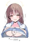 1girl absurdres blue_archive blush breasts brown_hair commentary_request eyewear_on_clothing halo hand_on_own_chest highres himiya_jouzu large_breasts long_hair looking_at_viewer moe_(blue_archive) moe_(swimsuit)_(blue_archive) official_alternate_costume open_mouth smile solo upper_body yellow_eyes yellow_halo 