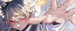  1boy blonde_hair closed_mouth collared_shirt commentary_request feathered_wings glowing glowing_eyes halo head_wings light_smile male_focus michael_(housamo) open_hand outstretched_arm pink_eyes shirt short_hair solo tass_commuovere tokyo_afterschool_summoners upper_body white_background wings 