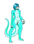  andromorph anthro ball blue_hair blush furball gecko genitals hair hi_res intersex jordan lizard markings nude purple_eyes pussy reptile scalie soccer_ball solo 