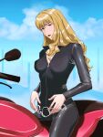  belt blonde_hair blunt_bangs breasts catsuit cleavage cowboy_bebop julia_(cowboy_bebop) leather motor_vehicle motorcycle non-web_source 