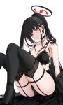  1girl black_hair blue_archive blush bra breasts choker earrings feint721 hair_ornament hairclip halo high_heels highres jewelry lace-trimmed_bra lace_trim large_breasts long_hair looking_at_viewer panties parted_lips ponytail red_eyes rio_(blue_archive) solo thighhighs thighs underwear very_long_hair white_background 