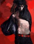  1boy arm_up belt black_hair closed_eyes collarbone forget1 male_focus nipples no_shirt open_clothes original painterly pants partially_undressed photo-referenced realistic red_background red_theme short_hair solo undressing 