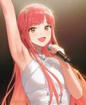  1girl arm_up armpits blush breasts dress fate/grand_order fate_(series) hairband highres long_hair looking_at_viewer medb_(fate) medb_(lostroom_outfit)_(fate) medium_breasts microphone nhaliz open_mouth pink_hair sidelocks smile solo white_dress yellow_eyes 