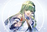  1girl ability_card_(touhou) bare_shoulders card detached_sleeves frog_hair_ornament green_eyes green_hair hair_ornament hair_tubes holding holding_card japanese_clothes kochiya_sanae long_hair looking_at_viewer nontraditional_miko open_mouth smile snake_hair_ornament solo touhou upper_body white_sleeves wide_sleeves zounose 