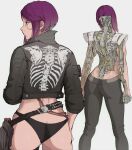  1girl ass bare_back black_jacket black_pants breasts cyberpunk_(series) cyberpunk_2077 highres jacket long_sleeves mechanical_parts multiple_views pants purple_hair science_fiction short_hair song_so_mi thighs white_background yoracrab 