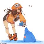  1girl bent_over bike_shorts black_shorts cake cake_slice closed_eyes dolphin fingerless_gloves food gloves guilty_gear highres holding holding_plate holding_spoon hood hoodie jacket long_hair may_(guilty_gear) mil17459623 mr._dolphin_(guilty_gear) orange_footwear orange_headwear orange_hoodie orange_jacket plate shorts simple_background skull_and_crossbones spoon tongue tongue_out twitter_username water white_background 