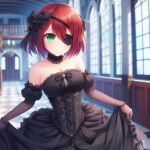  ace_combat ace_combat_7 ai-generated black_dress crossover dress eyepatch genderswap genderswap_(mtf) green_eyes hair_ornament non-web_source red_hair strike_witches trigger_(ace_combat) world_witches_series 