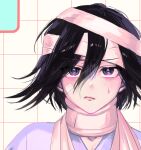  1boy alternate_costume bandaged_head bandages black_hair closed_mouth commentary_request danganronpa_(series) danganronpa_v3:_killing_harmony flipped_hair hair_between_eyes hospital_gown medium_hair ouma_kokichi portrait purple_eyes sanmian_(chidarakeno) solo sweatdrop white_background 