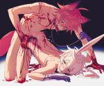  2boys anal animal_ears bandaid bandaid_on_face bandaid_on_nose bennett_(genshin_impact) bite_mark blood blood_on_hands blood_splatter blue_eyes blush collar cum ejaculation english_commentary fang fox_boy fox_ears fox_tail genshin_impact hair_between_eyes injury kneeling leash looking_at_viewer male_focus multiple_boys rabbit_boy rabbit_ears ropi_(gmkr_66) sex simple_background tail tartaglia_(genshin_impact) top-down_bottom-up torn_clothes twitter_username white_hair yaoi 