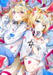  2girls absurdres animal_ear_fluff animal_ears belt_collar black_collar blonde_hair blue_hair blush closed_mouth collar cropped_shirt dog_ears dog_girl dog_tail dress flat_chest frilled_shorts frills furuki_ayaginutaira fuwawa_abyssgard hair_ornament hairpin headphones headphones_around_neck highres hololive hololive_english long_hair looking_at_viewer medium_hair midriff mococo_abyssgard multicolored_hair multiple_girls navel open_mouth pink_eyes pink_hair shirt short_shorts shorts siblings sisters streaked_hair tail twins virtual_youtuber white_dress white_shirt white_shorts x_hair_ornament 