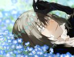  1boy blue_flower diamond_hairband eyelashes fate/grand_order fate_(series) field flower flower_field frilled_shirt_collar frills grey_eyes grey_hair looking_at_viewer lying male_focus oberon_(fate) oberon_(third_ascension)_(fate) on_back outdoors romo827 shirt short_hair solo twitter_username white_shirt 