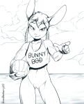 ball beach_ball big_ears bottomless braided_hair braided_pigtails brian_mcpherson clothed clothing cottontail_rabbit cynthia_(brian_mcpherson) female genitals gesture hair inflatable ink lagomorph leporid mammal monochrome pigtails pointing pussy rabbit sea sport volleyball water 
