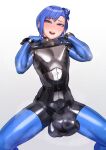  1boy absurdres blue_eyes blue_gloves blue_hair blue_thighhighs blush bodysuit bulge covered_penis elbow_gloves erection gloves hair_bun happy highres huge_penis kilye_kairi latex latex_bodysuit looking_at_viewer male_focus original otoko_no_ko penis skin_tight smile solo spreader_bar testicles thighhighs 