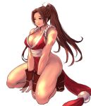  1girl 6maker absurdres breasts brown_hair fatal_fury highres kneeling long_hair muscular muscular_female one_eye_closed ponytail revealing_clothes shiranui_mai the_king_of_fighters thighs white_background 