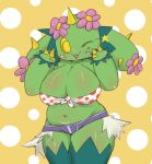  belly big_breasts bottomwear breasts clothing crop_top elemental_creature female flora_fauna generation_5_pokemon hotpants huge_breasts humanoid looking_at_viewer maractus nintendo not_furry one_eye_closed pattern_background plant pokemon pokemon_(species) shirt shorts simple_background solo topwear vono wink 