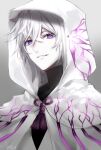  1boy fate/grand_order fate_(series) flower flower_knot grey_background hair_between_eyes hood hooded_robe long_hair looking_at_viewer male_focus merlin_(fate) purple_eyes ribbon robe signature smile solo tanxiacross11 upper_body white_hair white_robe 