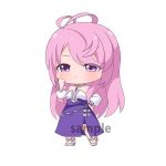  1girl ame. antenna_hair bare_shoulders chibi copyright_request full_body grey_footwear high_heels highres long_hair long_sleeves pink_hair puffy_long_sleeves puffy_sleeves purple_eyes purple_skirt sample_watermark shirt shoes simple_background skirt solo standing very_long_hair white_background white_shirt 