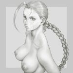  1girl ahoge antenna_hair braid breasts cammy_white cleavage closed_mouth collarbone commentary commentary_request greyscale long_hair looking_at_viewer medium_breasts monochrome nipples nude shu-mai simple_background solo street_fighter street_fighter_ii_(series) twin_braids white_background 