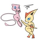  adeviantcritter ambiguous_gender annoyed annoyed_expression big_butt blue_eyes butt duo female feral generation_1_pokemon generation_5_pokemon hand_on_butt humanoid legendary_pokemon mew_(pokemon) nintendo pink_body pokemon pokemon_(species) tan_body victini wide_hips 