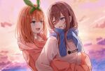  2girls absurdres blue_scarf blush bow cloud cloudy_sky coat collarbone go-toubun_no_hanayome green_bow highres hug hug_from_behind jacket lens_flare long_hair looking_at_another looking_back medium_hair multiple_girls nakano_miku nakano_yotsuba one_eye_closed open_mouth orange_hair orange_jacket raikun_raikun red_hair scarf sky upper_body white_coat yuri 