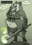  anthro anthro_pred armor belt bloated burping cloak clothing corset covering covering_mouth digestion digestion_noises digital_media_(artwork) female female_pred greaves hi_res hood hyena lingerie mammal melee_weapon navel oral_vore soul_vore sword talking_to_self thefreckleden topwear vore weapon 