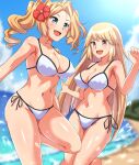  2girls absurdres beach bikini blonde_hair blue_eyes blue_sky blurry blurry_background breasts brooklyn_(kancolle) brown_eyes cloud commentary_request commission cosplay day drill_hair flower hair_flower hair_ornament highres honolulu_(kancolle) honolulu_(kancolle)_(cosplay) horizon kantai_collection large_breasts long_hair matching_outfits multiple_girls ocean official_alternate_costume outdoors pixiv_commission side-tie_bikini_bottom sky smile swimsuit twin_drills twintails white_bikini zanntetu 
