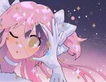  ;o absurdly_long_hair bow choker cropped_jacket diamond_(shape) english_commentary eyelashes gloves highres holding jacket kaname_madoka long_hair low_neckline mahou_shoujo_madoka_magica one_eye_closed open_mouth pink_hair sidelocks space sparkle star_(sky) swept_bangs twintails two_side_up ultimate_madoka upper_body very_long_hair white_bow white_choker white_gloves white_jacket yellow_eyes yooki_(winter_cakes) 