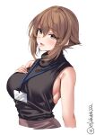  1girl bare_shoulders blush breasts brown_hair cropped_torso ebifurya hair_between_eyes hand_on_own_chest hand_up highres id_card kantai_collection lanyard large_breasts looking_at_viewer mutsu_(kancolle) office_lady one-hour_drawing_challenge parted_lips short_hair sidelocks simple_background skirt sleeveless sleeveless_sweater sleeveless_turtleneck solo sweater turtleneck turtleneck_sweater twitter_username upper_body white_background 