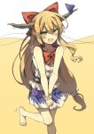  1girl :d absurdres barefoot belt black_belt blonde_hair blush bow bowtie brown_horns commentary_request ear_blush fang flat_chest foot_out_of_frame frilled_shirt frills hair_between_eyes hair_bow highres horn_bow horn_ornament horn_ribbon horns ibuki_suika leg_up long_hair looking_at_viewer low-tied_long_hair medium_bangs miniskirt open_mouth own_hands_together pointy_ears purple_ribbon purple_skirt red_bow red_bowtie ribbon seika_okawari shirt sidelocks simple_background skirt sleeveless sleeveless_shirt smile solo touhou v-shaped_eyebrows very_long_hair white_background white_shirt wrist_cuffs yellow_eyes 