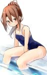  1girl alternate_costume bare_shoulders blue_one-piece_swimsuit blush brown_eyes brown_hair collarbone hair_ornament hair_scrunchie head_tilt highres kantai_collection long_hair looking_at_viewer one-piece_swimsuit partially_submerged school_swimsuit scrunchie sitting smile solo swimsuit zarashi zuihou_(kancolle) 