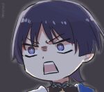  1boy angry artist_name black_background blue_pupils blunt_ends close-up genshin_impact open_mouth purple_eyes purple_hair scaramouche_(genshin_impact) short_hair simple_background solo teeth v-shaped_eyebrows wanderer_(genshin_impact) xinzoruo 