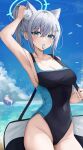  1girl absurdres animal_ear_fluff animal_ears arm_up armpits bag beach bird black_one-piece_swimsuit blue_archive blue_eyes blue_halo blue_one-piece_swimsuit blue_sky breasts collarbone competition_swimsuit covered_navel cross_hair_ornament extra_ears grey_hair groin hair_ornament hair_tie_in_mouth halo hand_in_own_hair highleg highleg_swimsuit highres large_breasts long_hair looking_at_viewer miruku_pan mismatched_pupils mouth_hold ocean official_alternate_costume one-piece_swimsuit outdoors revision seagull shiroko_(blue_archive) shiroko_(swimsuit)_(blue_archive) shoulder_bag signature sky solo swimsuit two-tone_swimsuit tying_hair white_bird wolf_ears 