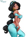  1girl aladdin_(disney) black_hair breasts cowboy_shot dark-skinned_female dark_skin earrings jasmine_(disney) jewelry long_hair looking_at_viewer low_ponytail medium_breasts mina_cream red_eyes smile solo white_background 