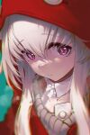  1girl absurdres blurry clara_(honkai:_star_rail) close-up closed_mouth coat collar detached_collar english_commentary highres honkai:_star_rail honkai_(series) hood hood_up hooded_coat looking_at_viewer pink_eyes red_coat solo sprygon white_collar white_hair 