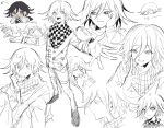  1boy buttons checkered_clothes checkered_scarf closed_mouth danganronpa_(series) danganronpa_v3:_killing_harmony flipped_hair grin hair_between_eyes hand_up highres long_sleeves male_focus oma_kokichi pants purple_eyes scarf shoes sideways_glance sketch smile teeth wa_noko 
