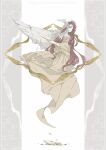  1girl animal_on_head bird bird_on_head brown_dress brown_eyes brown_hair copyright_name dress full_body long_hair looking_at_viewer on_head pixiv_fantasia pixiv_fantasia_fallen_kings qiong_(pixiv1812877) solo very_long_hair white_wings wide_sleeves wings 