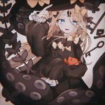  1girl abigail_williams_(fate) black_bow black_dress black_headwear blonde_hair blue_eyes bow dress fate/grand_order fate_(series) grey_background hair_bow hat holding holding_stuffed_toy key keyhole kometsubu_(nanashi40_1) long_hair looking_at_viewer multiple_hair_bows orange_bow parted_lips sleeves_past_fingers sleeves_past_wrists smile solo stuffed_animal stuffed_toy suction_cups teddy_bear tentacles upper_body witch_hat 
