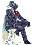  1boy animal_hands bara beak beard bird_boy blue_hair colored_sclera commentary_request dark_blue_hair dress_shirt facial_hair full_body furry furry_male hand_on_own_knee haretoke high_ponytail highres invisible_chair jacket long_hair looking_at_viewer male_focus multicolored_hair necktie pants partial_commentary rainbow_hair red_eyes red_necktie shirt simple_background simurgh_(housamo) sitting solo striped striped_jacket striped_pants striped_suit suit tail thick_eyebrows tokyo_afterschool_summoners vertical-striped_jacket vertical-striped_pants vertical_stripes white_background wings yellow_sclera 
