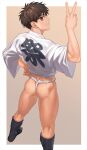  1boy ass back black_hair brown_eyes fundoshi highres japanese_clothes looking_at_viewer male_focus muscular muscular_male nayoshi_(r-744) original short_hair smile solo teeth thighs v wide_sleeves 