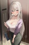  1girl azuki_yui black_skirt blush breasts cleavage collarbone elevator highres jacket jewelry large_breasts long_hair long_skirt long_sleeves looking_at_viewer necklace open_mouth original purple_eyes purple_jacket shirt skirt solo white_hair white_shirt 