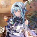  1girl alcohol arm_under_breasts black_hairband blue_cape blue_gloves blue_hair blue_necktie breasts cape closed_mouth clothing_cutout cup drink drinking_glass eula_(genshin_impact) genshin_impact gloves hair_between_eyes hair_ornament hairband hand_up highres holding holding_cup holding_drink ice ice_cube indoors kure~pu long_sleeves looking_at_viewer medium_breasts medium_hair necktie plant potted_plant shoulder_cutout side_cape sidelocks snowflakes solo upper_body vision_(genshin_impact) whiskey white_sleeves wide_sleeves yellow_eyes 