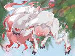  3_claws 3_toes 7fukuinu animal_humanoid big_breasts breasts canid canid_humanoid canine canine_humanoid claws feet female fox_humanoid fur generation_9_pokemon ghost grey_body grey_fur hi_res hisuian_form hisuian_zoroark huge_breasts humanoid jumping long_mane mammal mammal_humanoid mane multicolored_body multicolored_fur multicolored_mane nintendo nipples pawpads paws plant pokemon pokemon_(species) raised_leg rear_view red_aura red_body red_eyes red_fur red_nipples regional_form_(pokemon) solo spirit suspended_in_midair toe_claws toes tree white_body white_fur yellow_sclera 