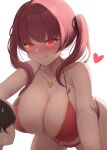  1boy 1girl absurdres blush breasts cleavage hair_ornament hairclip hashira_14 heart heterochromia highres hololive houshou_marine jewelry large_breasts necklace red_eyes red_hair swimsuit tongue tongue_out twintails virtual_youtuber yellow_eyes 