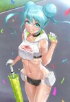  1girl absurdres akrun aqua_eyes aqua_hair bare_shoulders black_choker body_writing breasts choker closed_umbrella collarbone commentary confetti cowboy_shot crop_top cropped_vest crypton_future_media double_bun gloves goodsmile_racing green_gloves grin groin hair_between_eyes hair_bun hand_up hatsune_miku highres holding holding_umbrella hood hood_down hooded_vest hoodie looking_at_viewer microskirt midriff navel official_alternate_costume official_alternate_hairstyle pouch race_queen racing_miku racing_miku_(2022) road shadow sidelocks skirt small_breasts smile solo standing sweat tan teeth two-tone_gloves umbrella vest vocaloid white_gloves white_vest 