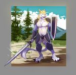  allorexx anthro hi_res male melee_weapon pubes sergal shield solo sword weapon 