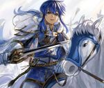  1boy abinosu0903 battlefield blue_eyes blue_hair commentary_request fire_emblem fire_emblem:_genealogy_of_the_holy_war hair_between_eyes headband holding holding_sword holding_weapon horse horseback_riding looking_at_viewer medium_hair open_mouth ponytail riding seliph_(fire_emblem) sidelocks sword teeth tyrfing_(fire_emblem) upper_teeth_only weapon white_background white_headband white_horse 