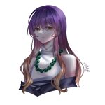  1girl bare_shoulders bead_necklace beads brown_eyes churuber commentary_request cropped_torso dated highres hijiri_byakuren jewelry looking_at_viewer necklace parted_lips purple_hair sidelocks signature simple_background solo touhou upper_body white_background 