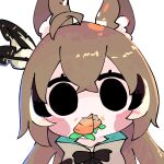  1girl ahoge animal_ear_fluff animal_ears black_eyes blush_stickers brown_capelet brown_cloak brown_hair capelet carrot cat_ears chibi cloak crossed_bangs eating feather_hair_ornament feathers food_in_mouth hair_between_eyes hair_ornament highres hololive hololive_english kemonomimi_mode koyoinacho long_hair looking_at_viewer mouth_hold multicolored_hair nanashi_mumei portrait sidelocks simple_background smol_mumei solo straight-on streaked_hair textless_version virtual_youtuber white_background 